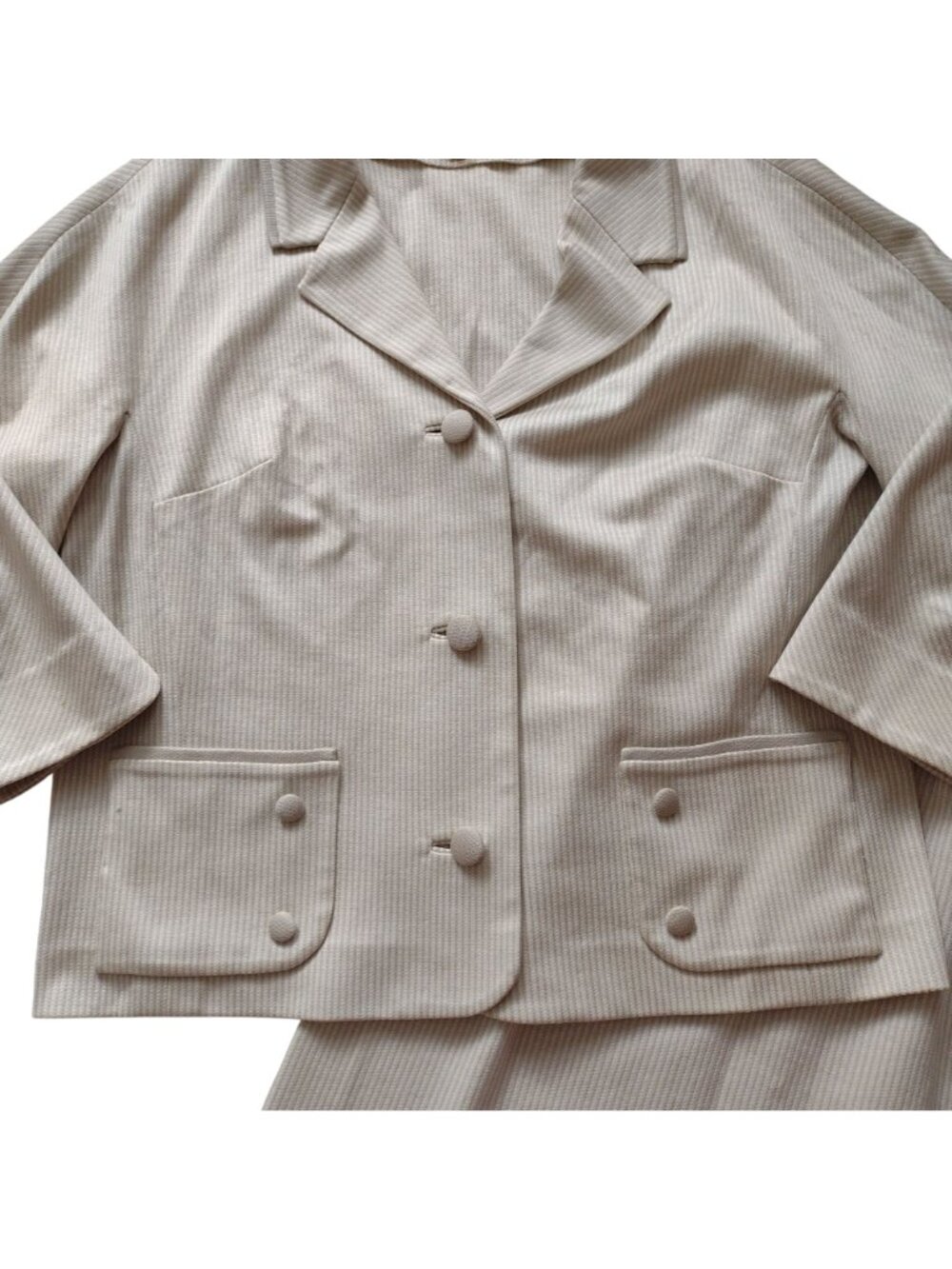 Vintage Mid Century Womens Skirt Suit M L Beige Tonal Stripe 1960s Jackie O - Picture 6 of 16